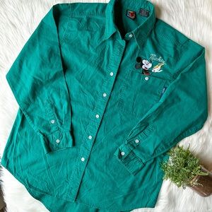 Vintage Mickey Mouse Green Blue Teal Button Up Long Sleeve Embroidered Pocket M